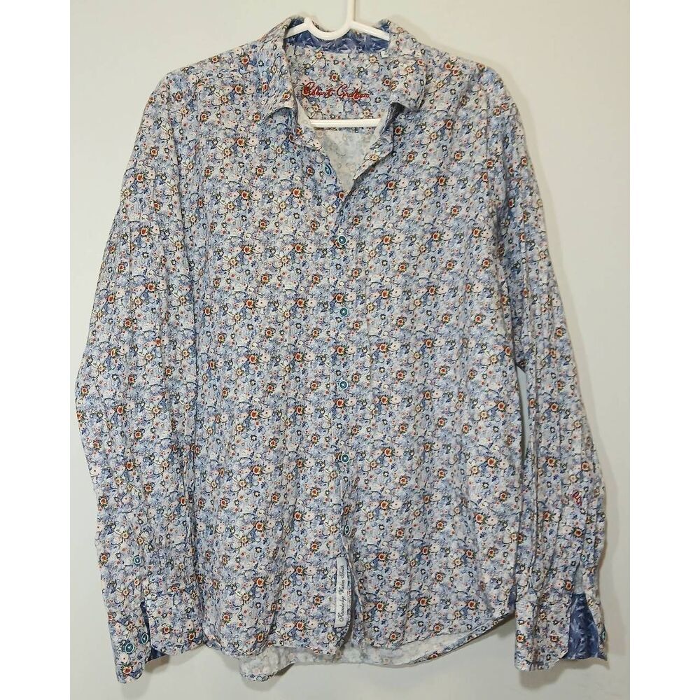 Robert Graham mens large blue linen cotton shirt floral button down longsleeve